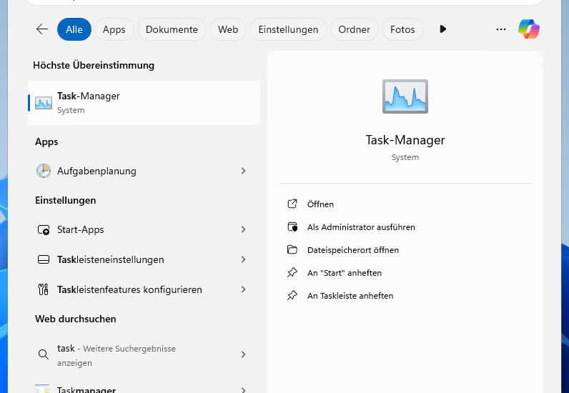 Windows 11 Task-Manager übder die Suche öffnen