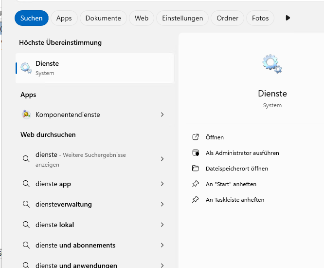 Windows 11 Dienste über die Suche starten