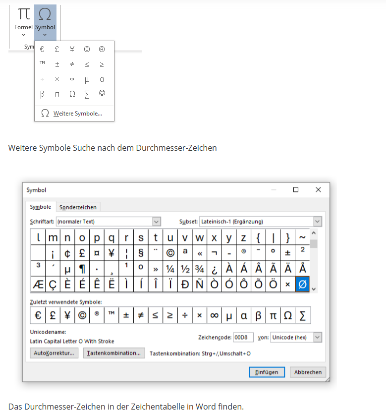 Durchmesserzeichen in Word einfügen